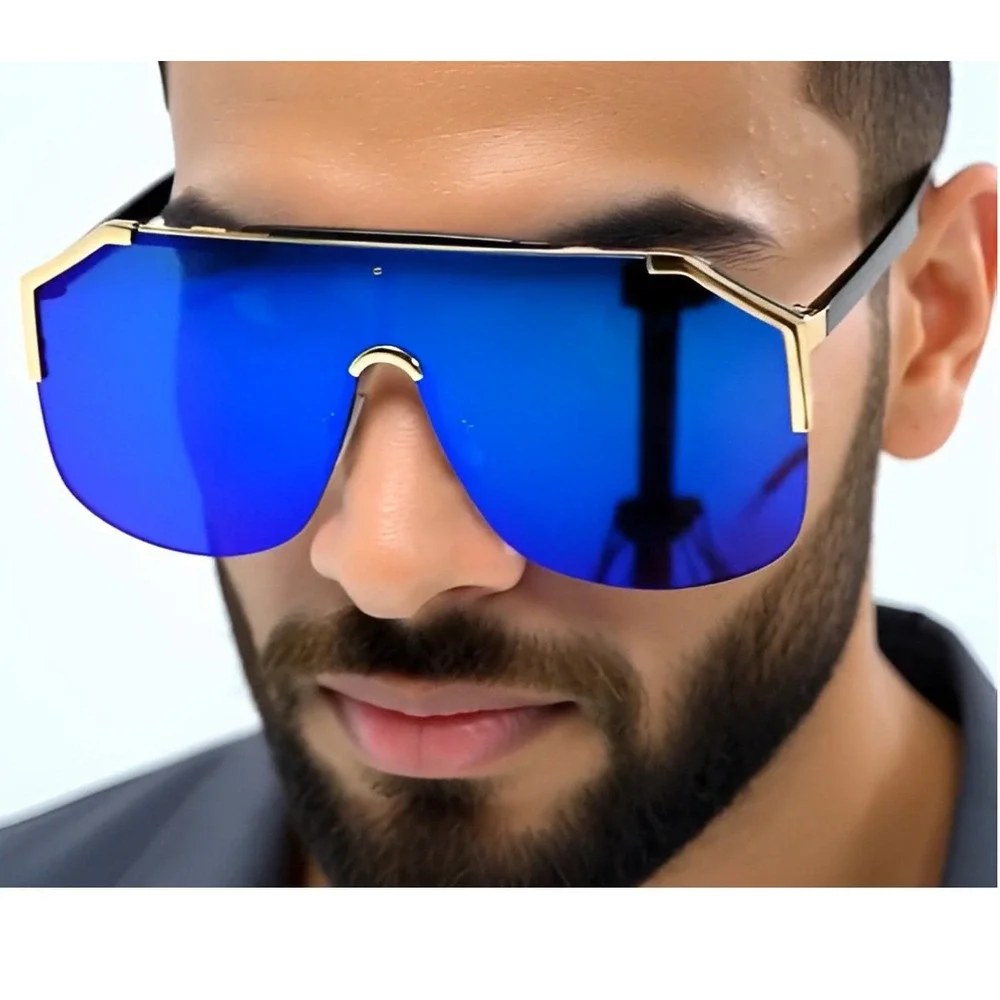 Shield Sunglasses Blue Mirrored Lens Gold Trim Fashion Visor Men‎ Glasses Gafas